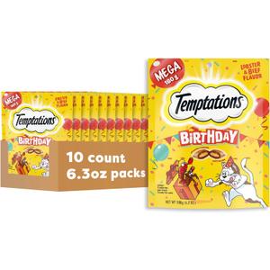 Temptations Birthday Crunchy and Soft Cat Treats Lobster and Beef Flavor, 6.3 oz. Pouch, Pack of 10, Best By 10, 2024
