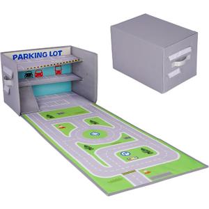 Livememory Toy Car Garage Box - Toy Car Storage Toy Car Box for with Car Rug Play Mat (Not Included Cars) (Gray - Parking Garage)