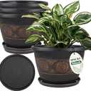 4 Pack 10 inch Plant Pots, Retro Pattern Planters with Drainage Holes and Saucer, Sturdy Plastic Garden Flower Pots for Indoor & Outdoor Plants (Copper)