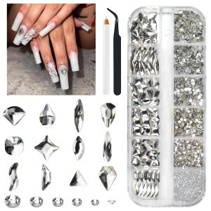 2052Pcs Crystal Clear Nail Rhinestones 72 Multi Shapes Crystal White Rhinestones for nails Flatback Big Nail Gems +1980 K9 Glass Round Beads Stones Diamonds Nail Charms Art for Nails Faces Eyes