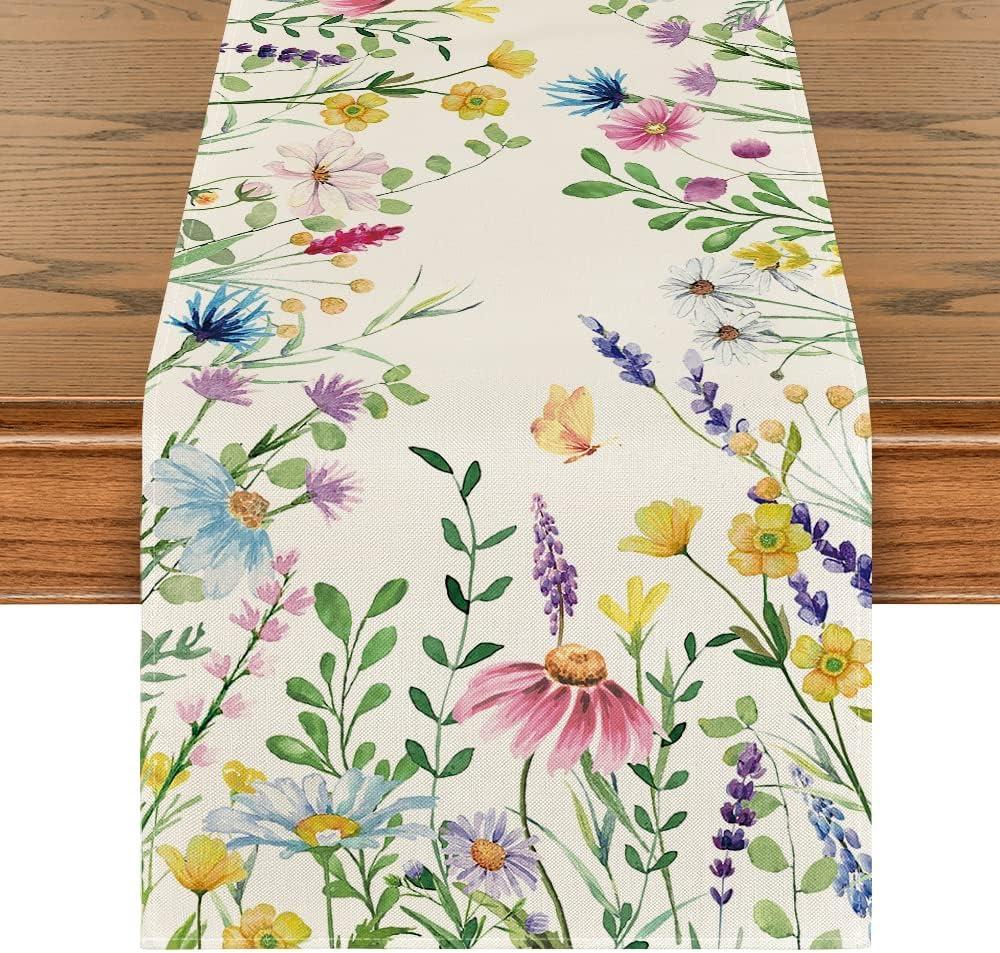 Artoid Mode Daisy Eucalyptus Lavender Floral Leaves Summer Table Runner, Spring Kitchen Dining Table Decoration for Home Party Decor 13x108 Inch (Beige)