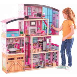 KidKraft Wooden Dollhouse Shimmer Mansion for 12" Dolls | Over 4 Feet Tall, Garage, For 12-Inch Dolls, DIY Pink Doll House, Gift for Ages 3+
