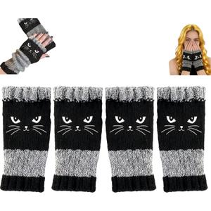 2 x 2Pairs Cat Embroidery Splicing Knitted Gloves Warm Gloves Fashion Leaky Finger Casual Women's Glove
