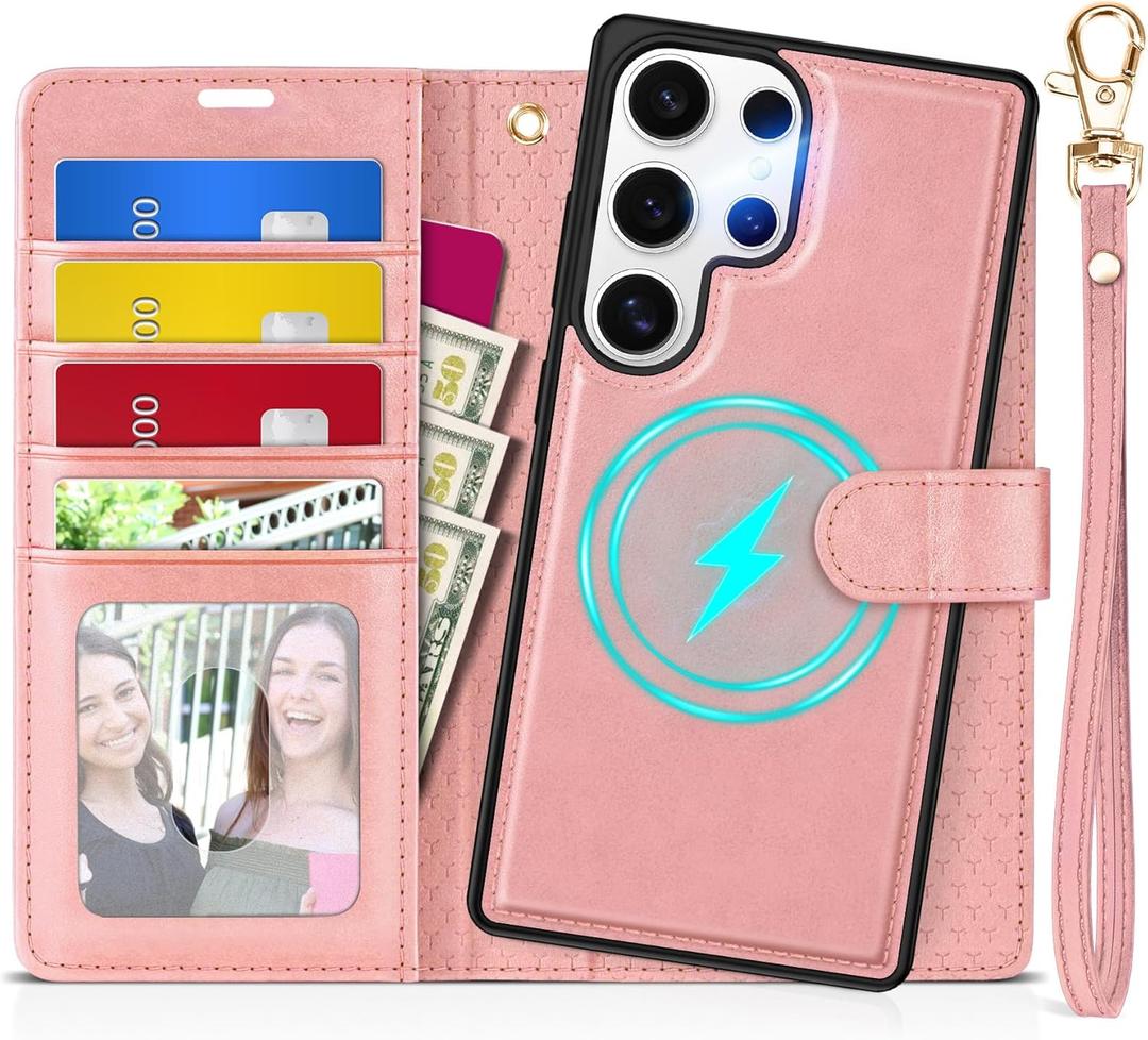 TUCCH Case for Galaxy S25 Ultra, [Detachable] Wrist Strap Magnetic PU Leather Wallet Case with RFID Blocking [Wireless Charging] 4 Card Slot Stand Removable Cover for Galaxy S25 Ultra 6.9", Rose Gold