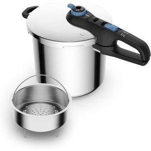 T-Fal Secure Trendy Stainless Steel Pressure Cooker, 8.5 Quart, Steam Basket, Induction, Secure Locking System, Easy and Safe Opening, Compatible with All Cooktops, Dishwasher Safe, Silver