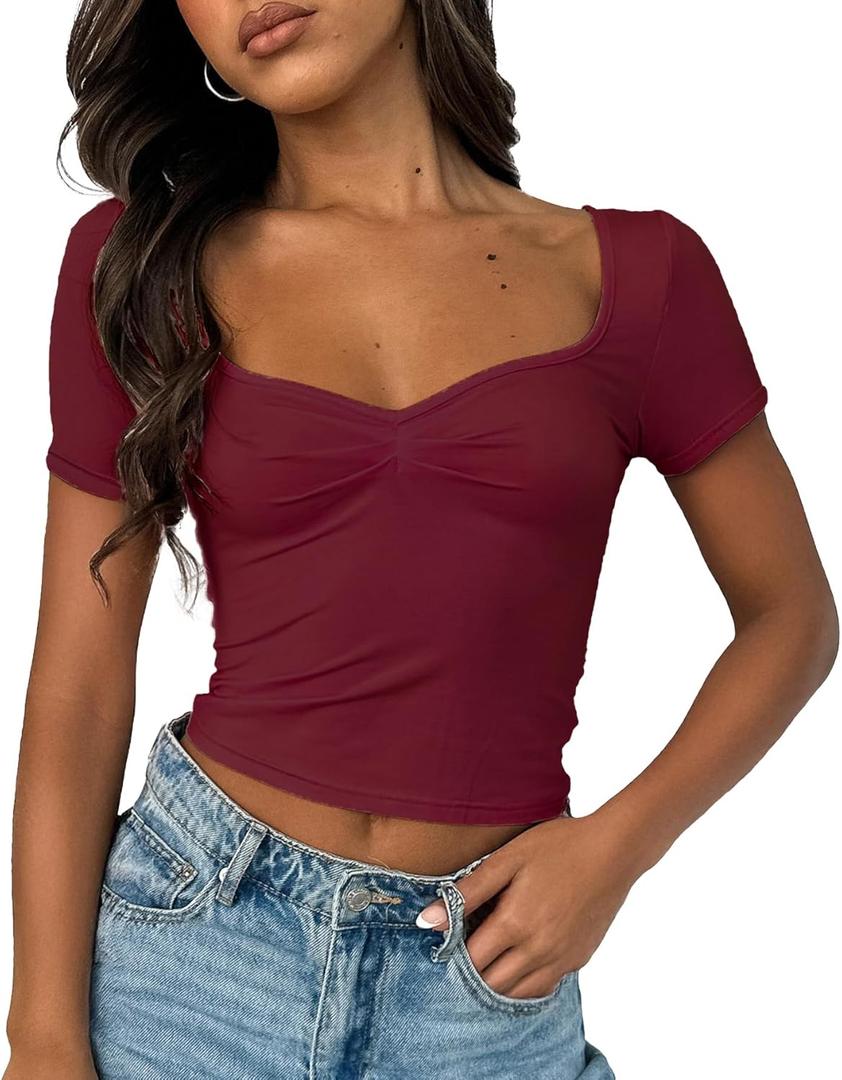 ForeFair Women's Sexy Short Sleeve Going Out Tops Pleated Bustier Shirt Cute Sweetheart Neck Y2K Crop Tee (Medium, Burgundy)