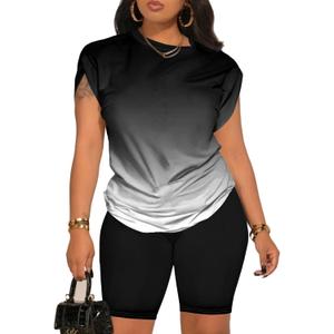 PINSV Women 2 Piece Outfits Summer Sweatsuits Biker Short Workout Jogger Sets (XX-Large, Black Gradient)