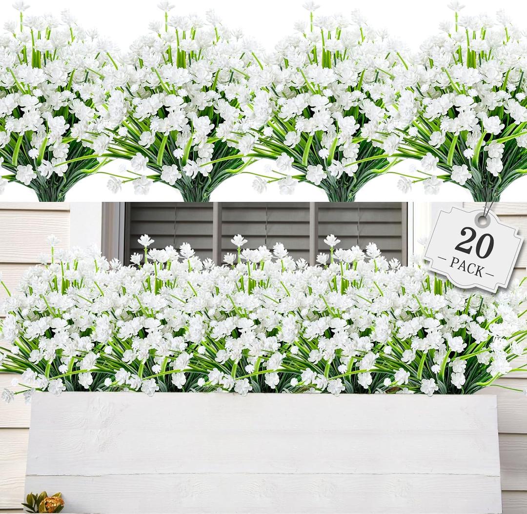 AmyHomie 20 Bundles Artificial Flowers for Outdoor Outside Spring Summer Decoration UV Resistant Faux Flowers No Fade Fake Plastic Plants Garden Porch Window Box Decorating (Pure White)