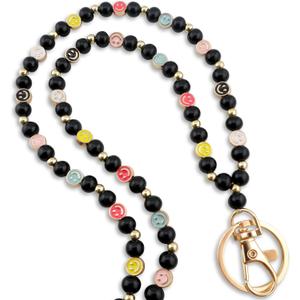 Smile Teacher Lanyard for Women ID Badges and Keychain Cute Happy Wood and Metal Beaded Lanyard Badge Holder (Black)