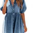 Pepochic Womens Summer Denim Dress Button Down Short Sleeve Babydoll Dress Puff Sleeve Flowy Jean Dress (Blue, M)
