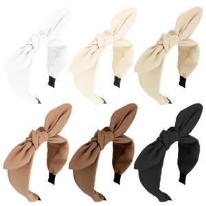 Jaciya 6 Pieces Knotted Bow Headbands for Women Wide Black Headbands for Girls Hair Accessories Knot Headband with Bow(Black/Brown/Khaki/White) (Classic color-black/brown/beige)
