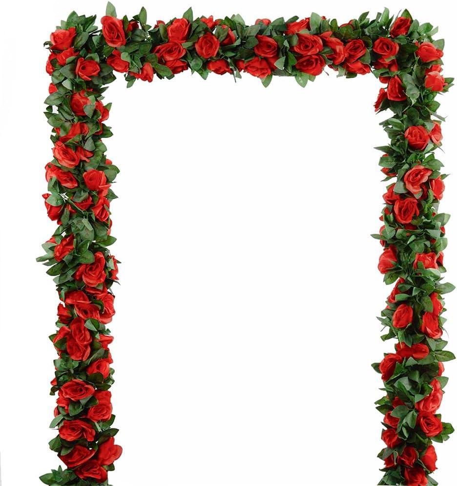 5Pcs(41FT) Flower Garland Artificial Rose Vine Garland Artificial Flowers for Wedding Party Arch Garden Floral Garlands Decor (Red and Greenery)