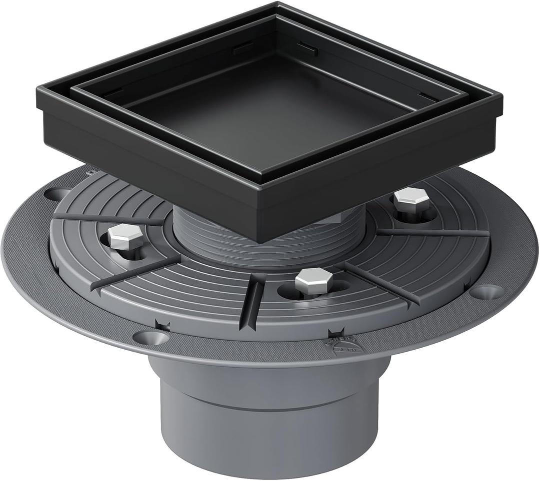Neodrain 4-Inch Square Shower Drain with Removable Tile Insert Grate, 304 Stainless Steel, Includes Shower Drain Base Hair Strainer, Matte Black