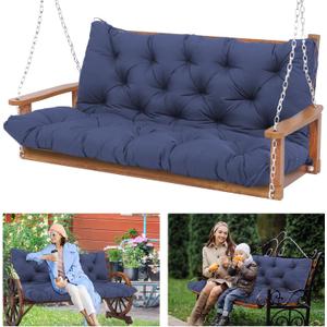 Durable Extra 5" Thick Waterproof Porch Swing Cushions Outdoor 60 inch Swing Cushions 3 Seater Replacement Fade-Resistant with Backrest and Ties, for Outdoor Patio Long Bench Furniture(Navy Blue)