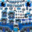 213 Pcs 10th Birthday Decorations for Boys Serve 25 Guests, Video Game 10 Years Old Party Decorations Level 10 Banner, Cake Topper, Plates and Napkins, Tableware Set, Tablecloth, Boys 10th Birthday
