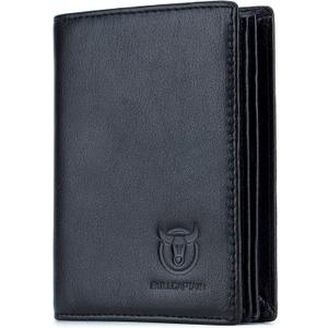 BULLCAPTAIN Genuine Leather Men Wallet RFID Blocking Bifold Wallets ID Window Credit Card Holder (Black)