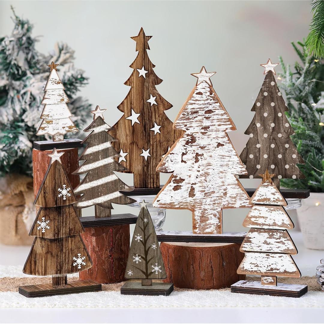 Moucuny 8 Pcs Wooden Christmas Trees Tabletop Decor Rustic Christmas Decor Wooden Trees Sign for Home Office Fireplace Farmhouse Party Xmas Centerpieces (Retro)