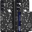 Compatible with Samsung Galaxy S23 FE Case Cute with Card Holder / S23FE Shockproof Slim Slot Wallet Phone Cover for Women/White Stars Universe Planets Galaxy Cosmo