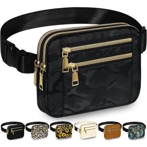 Capolo Fanny Packs for Women Fashion Waist Packs Bag with Adjustable Strap and 4 Zipper Pockets Waterproof Everywhere Crossbody Belt Bag for Workout Running Travelling(Black Camo)
