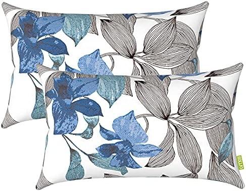 LVTXIII 12×20 Inch Outdoor Lumbar Pillows, Pack of 2 Water Repellent Lumbar Pillow with Inserts, Fluffy Decorative Garden Lumbar Cushions for Home Patio Coach Sofa Use, Clemens Noir Blue