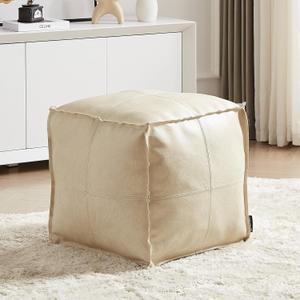Louis Donn Square Pouf Ottoman Cover Leather Unstuffed Handmade Faux PU Foot Stool Storage Ottoman 17.7" Grey White Poufs Foot Rest for Living Room Floor Chair Christmas Decorations Gift (ONLY Cover)