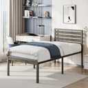 18 Inch Metal Twin Bed Frames with Gray Wooden Headboard, Heavy Duty Tall Twin Platform Bed Frame with Steel Slat Support, Noise Free, No Box Spring Needed, Easy Assembly