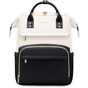 LOVEVOOK Leather Backpacks for Women,15.6 inch Leather Laptop Backpack Women,Professional Work Backpack Nurse College Teacher Bag,Womens Laptop Bag Computer Travel Backpacks Purse,Beige White-Black
