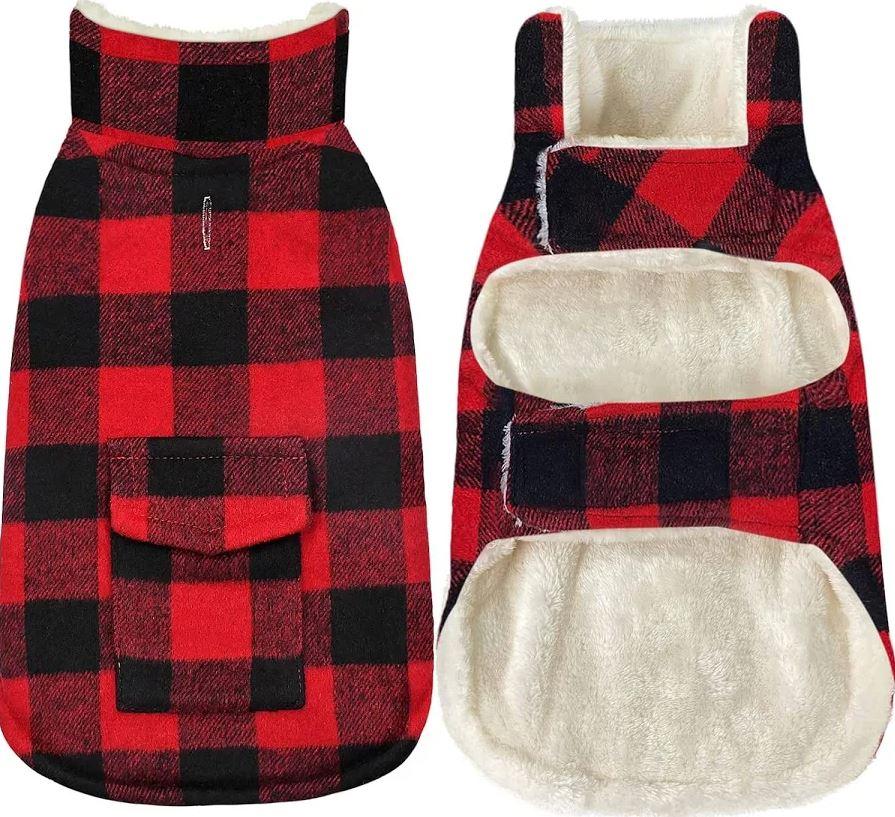 Malier Classic Plaid Fleece Dog Coat  Windproof Warm Dog Jacket with Pocket, Winter Pet Clothes Apparel for Small to Large Dogs (Red, Small)
