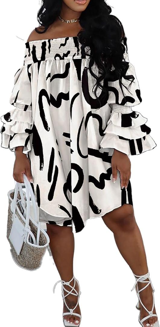 Off Shoulder Dress for Women A-Line Ruffle Sleeve Casual Plus Size Midi Pleated Sundress XX-Large, Khaki