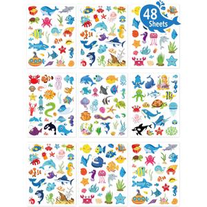 LINAYE 48 Sheets Ocean Stickers for Kids, 1040 Pcs Waterproof Under The Sea Fish Animal Stickers Ocean Under The Sea Party Favors Decorations Crafts for Kids