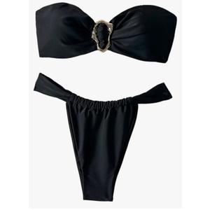 SHENHE Women's 2 Piece Strapless Swimsuit Metal Ring High Cut Thong Ruched Bandeau Bikini Set Black S