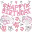 55 Pcs Happy Birthday Balloons Letters Banner with 35 Pcs Star Foil Balloon, 20 Pcs Latex Balloons, 6 Hanging Swirls for Women Men Boys Girls Birthday Party Decorations Set  (Pink)