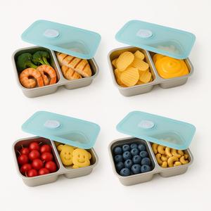 2-Compartment Stainless Steel Snack Container with Leakproof Lid | Reusable Grab-and-Go Food Storage Box | Portable Bento Organizer for Travel, Camping, Lunch Prep, Dishwasher Safe (SET A, 4 Pack)