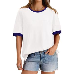 3 x BTFBM Womens Oversized T Shirts Dressy Casual Short Sleeve Summer Tops Crew Neck Color Block Blouse Loose Fit Basic Tee (White, L)