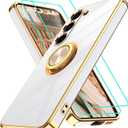 Gritup for Samsung Galaxy S23 Case: with 2Pcs Screen Protector, 360 Rotation Ring Holder Magnetic Kickstand, Plating Gold Edge Soft TPU Shockproof Protective Cover for Galaxy S23, White