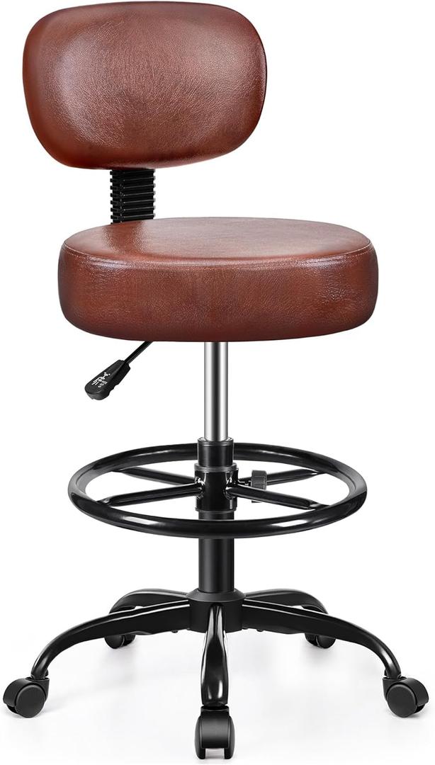 Drafting Chair with Backrest  Adjustable Foot Rest Rolling Stool with Wheels, PU Leather Swivel Stool for Office Spa Studio Lab Counter Salon Home Work Bar Kitchen Shop(Ember Brown)