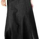 Flamingals Long Denim Skirt for Women High Waisted Vintage Pleated Flowy Swing A-line Maxi Jean Skirts Without Belt L