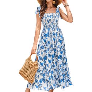 BROVAVE Women Summer Floral Dress: Casual Square Neck Flowy Boho Beach Midi Sundress Sleeveless Tie Shoulder Vacation Daily (Blue, L)