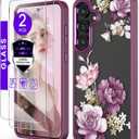 for Samsung Galaxy S25 FE 5G Case+Tempered Glass Screen Protector,Military Grade Protective Slim Soft TPU Hard PC,Girls Women Crystal Clear Flower Pattern Case Cover for Galaxy S25 FE-Purple