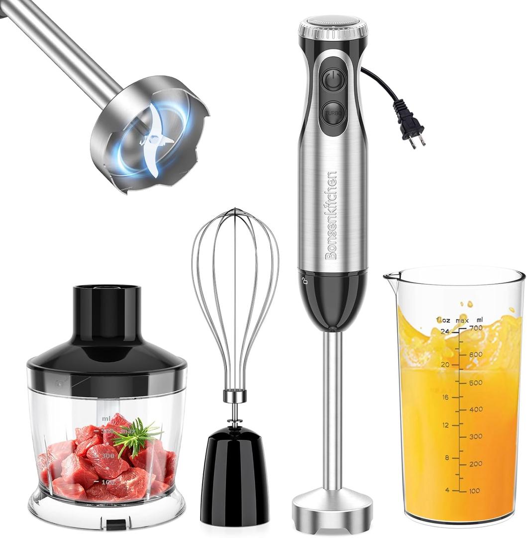 Bonsenkitchen Immersion Blender Handheld with Food Processor, 20 Speeds Hand Blender with Turbo Mode, Stainless Steel Blade, Egg Whisk, Beaker & Chopper Bowl, Hand Mixer for Smoothie, Soup, Baby Food, Black