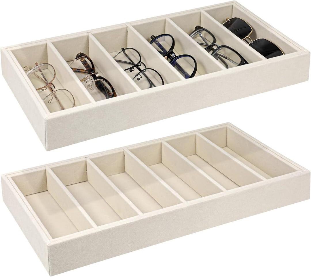 2pcs Velvet Sunglasses Tray,6 Grid Sunglasses Storage Organizer Tray,Stackable Glasses Display Case for Glasses Rings Necklaces Bracelet Watch, Eyeglass Trays for Women and Men (Beige,157.67in)