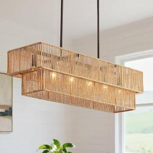 34" Rattan Chandelier, Boho Dining Room Rectangle Linear Light