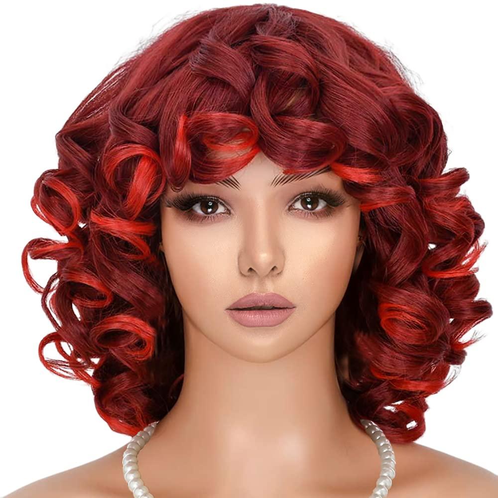 Red Curly Wigs for Black Women Short Afro Curly Wig with Bangs Soft Big Bouncy Fluffy Kinky Curly Synthetic Cosplay Wig (Ombre Red,14Inch)
