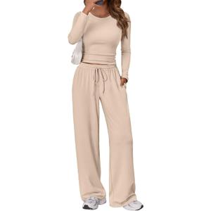 Trendy Queen Women's 2 Piece Matching Lounge Set Long Sleeve Side Ruching Top Wide Leg Drawstring Pants Set with Pockets (Large, Almond)