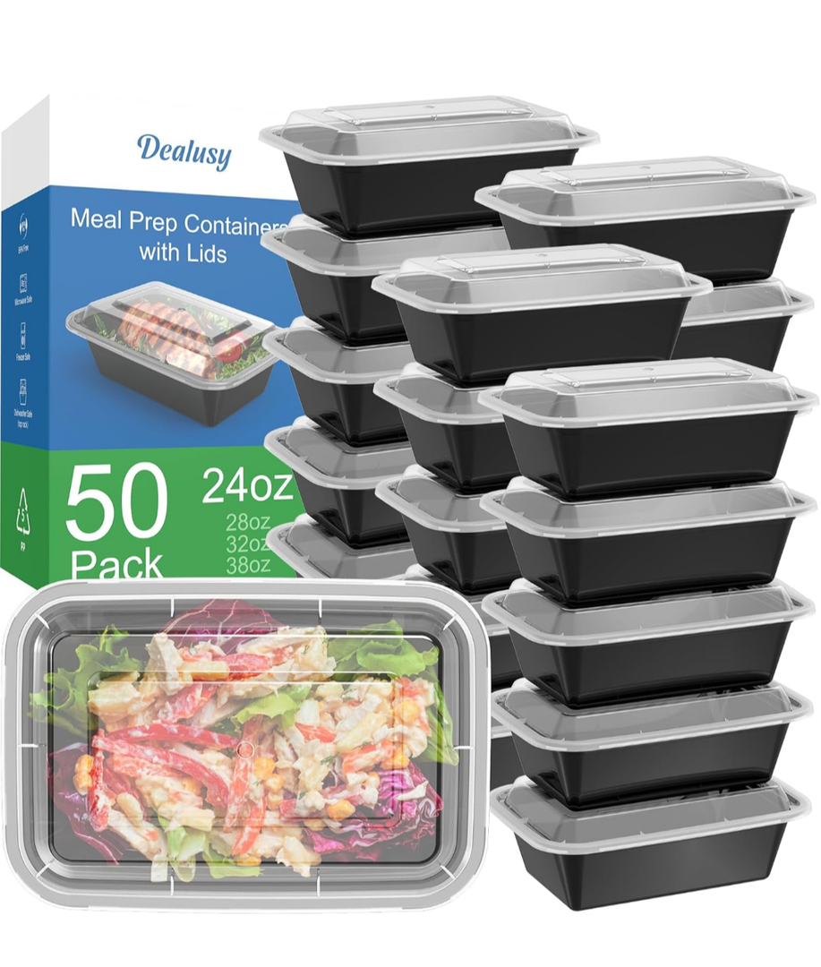 50 Pack (100-Piece) 32 oz Meal Prep Containers Reusable with Lids, Sturdy Leakproof & Food Safe, Microwave, Freezer, Dishwasher Safe Prep Containers, To Go Take Out Plastic Food Storage