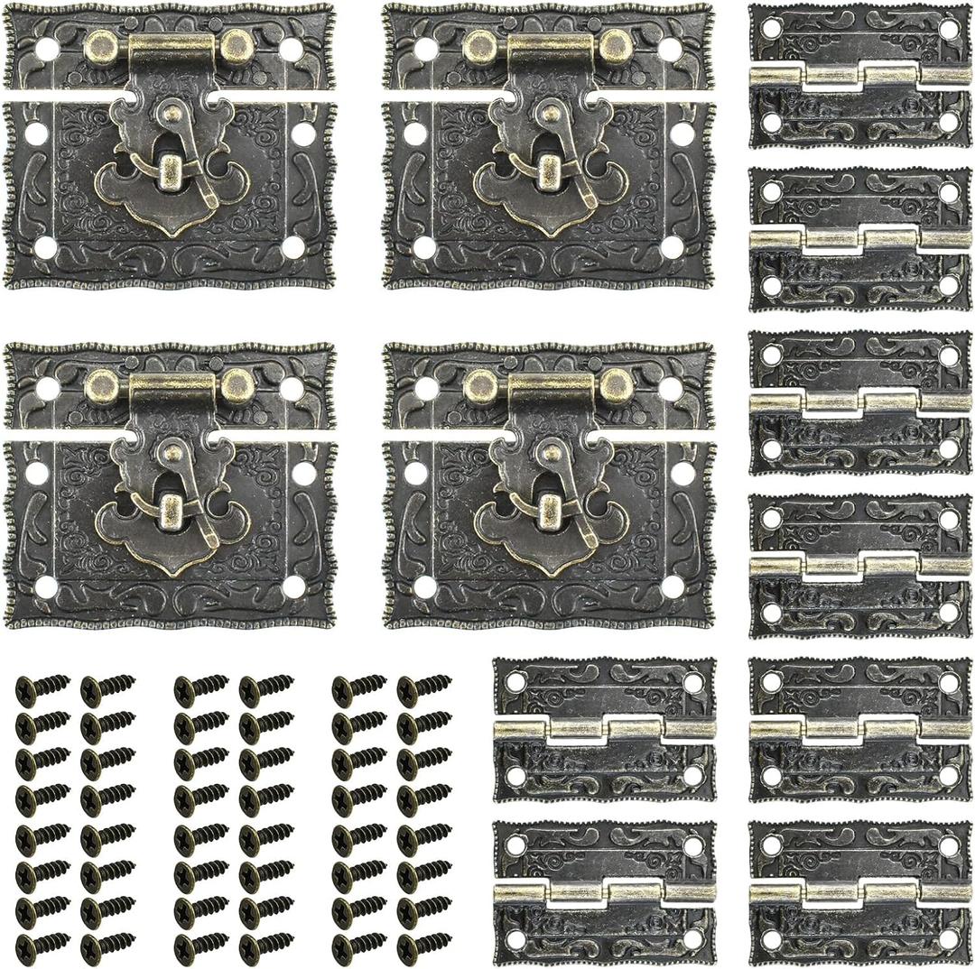 4 Sets Engraved Antique Hasp Latch Buckle and Vintage Engraved Hinge with Matching Screws Kit Bronze Rectangle Lock for Repair and Decorative Wooden Cases