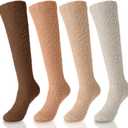 Geyoga 4 Pairs Long Fuzzy Socks for Women Soft Warm Fluffy Knee High Socks Plush Winter Cozy Long Stockings (Dark Brown, Light Brown, Gray, Light Pink)