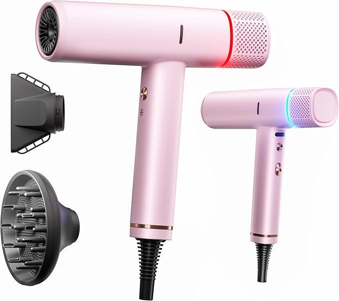 Ionic Hair Dryer with Diffuser and Concentrator, Professional Lightweight Quiet Blow Dryer, Powerful 1600 Watt Motor for Fast Drying and Straight & Wavy Hair, 3 Temps/2 Speeds, 6.56 Ft Cord, Pink
