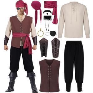 11 pcs Mens Pirate Costume Adult Renaissance Medieval Shirt Vest Pants Halloween Cosplay Outfit with Accessories (XL)