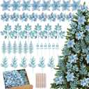 40 Pcs Christmas Glitter Artificial Poinsettia Flowers Picks and Artificial Tropical Leaves Glitter Berries Stems Cedar Picks Pine Needles for Xmas Tree Home Decoration(Blue)